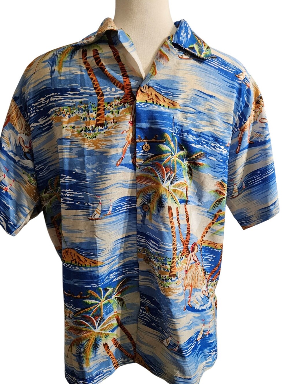 In Gear Mexico Men's Blue Tropical Print Shirt, Large
